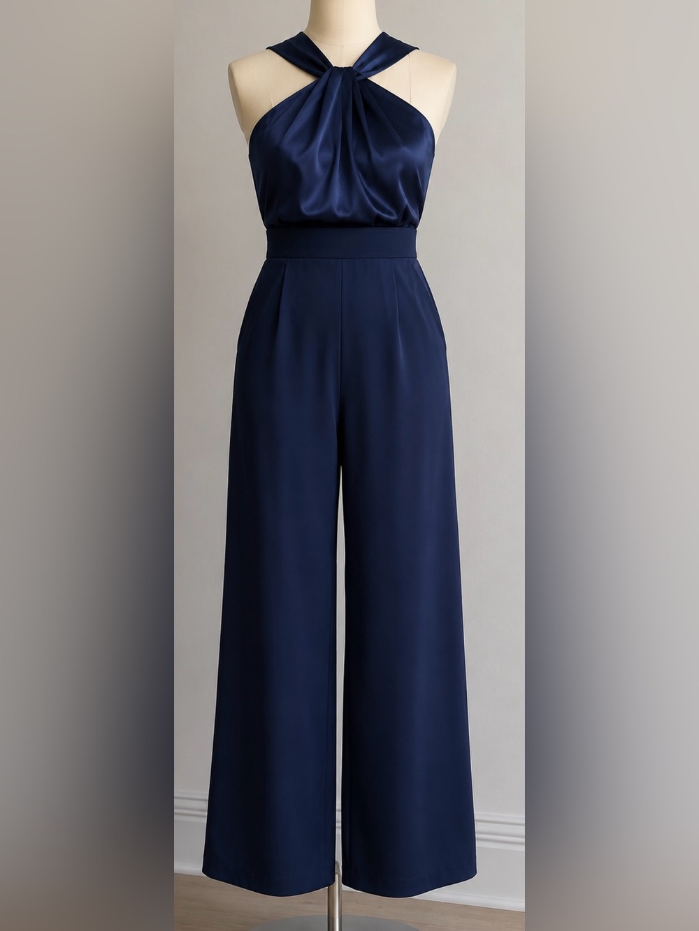 Eliza J Twist Neck Satin & Crepe Jumpsuit Navy Wide Leg Halter Formal